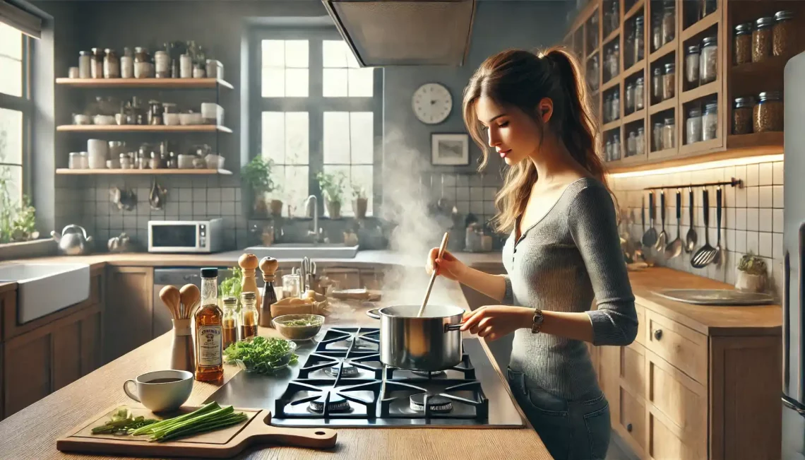 A picture of a young woman cooking in a warm, modern kitchen, stirring a steaming pot on the stove, surrounded by neatly arranged ingredients, wooden countertops, and soft natural lighting.