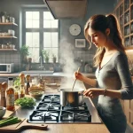 A picture of a young woman cooking in a warm, modern kitchen, stirring a steaming pot on the stove, surrounded by neatly arranged ingredients, wooden countertops, and soft natural lighting.