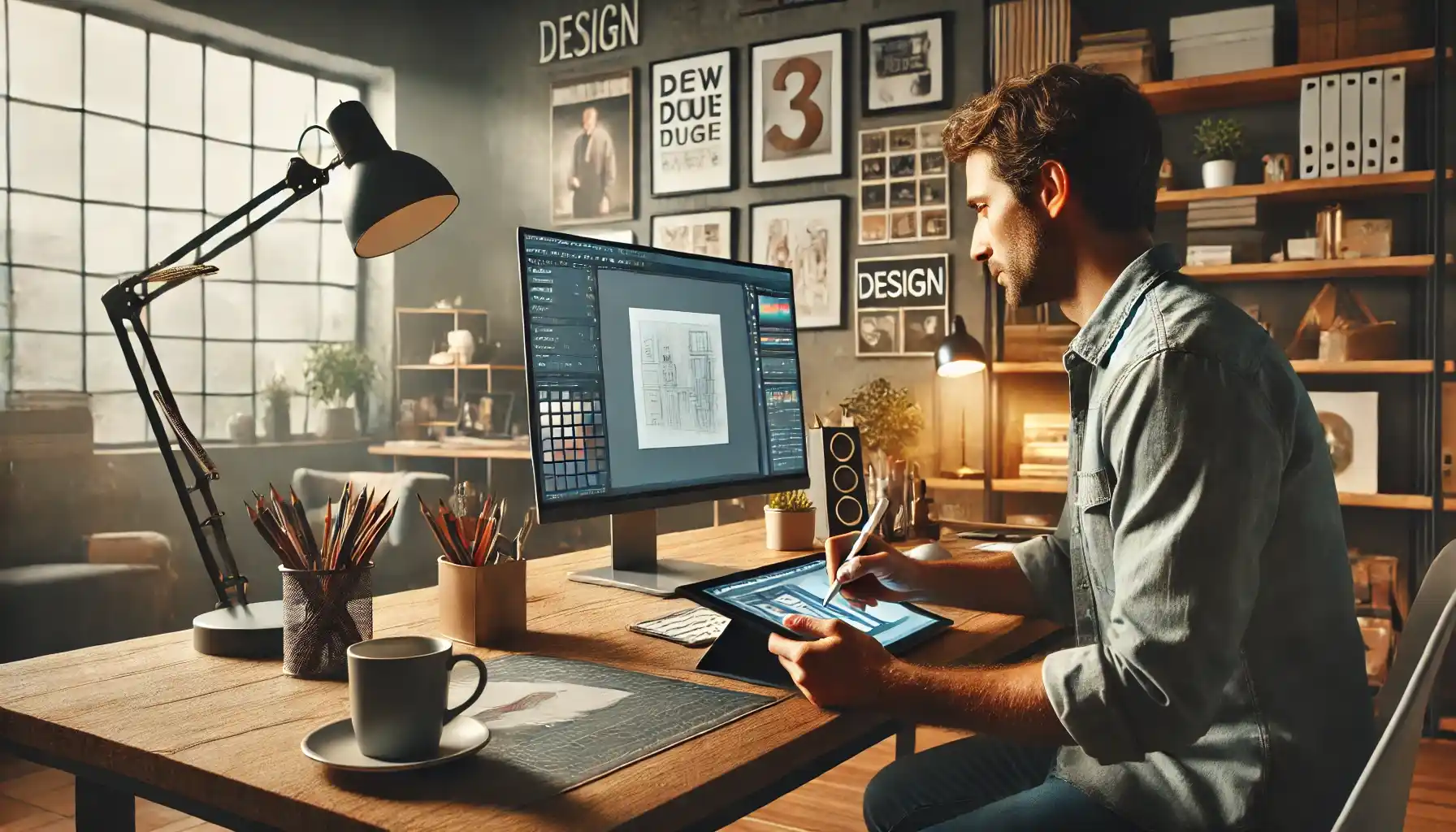 A picture of a designer working on a tablet in a modern, creative workspace, surrounded by art supplies, a large monitor displaying design elements, and warm natural lighting enhancing the artistic atmosphere.