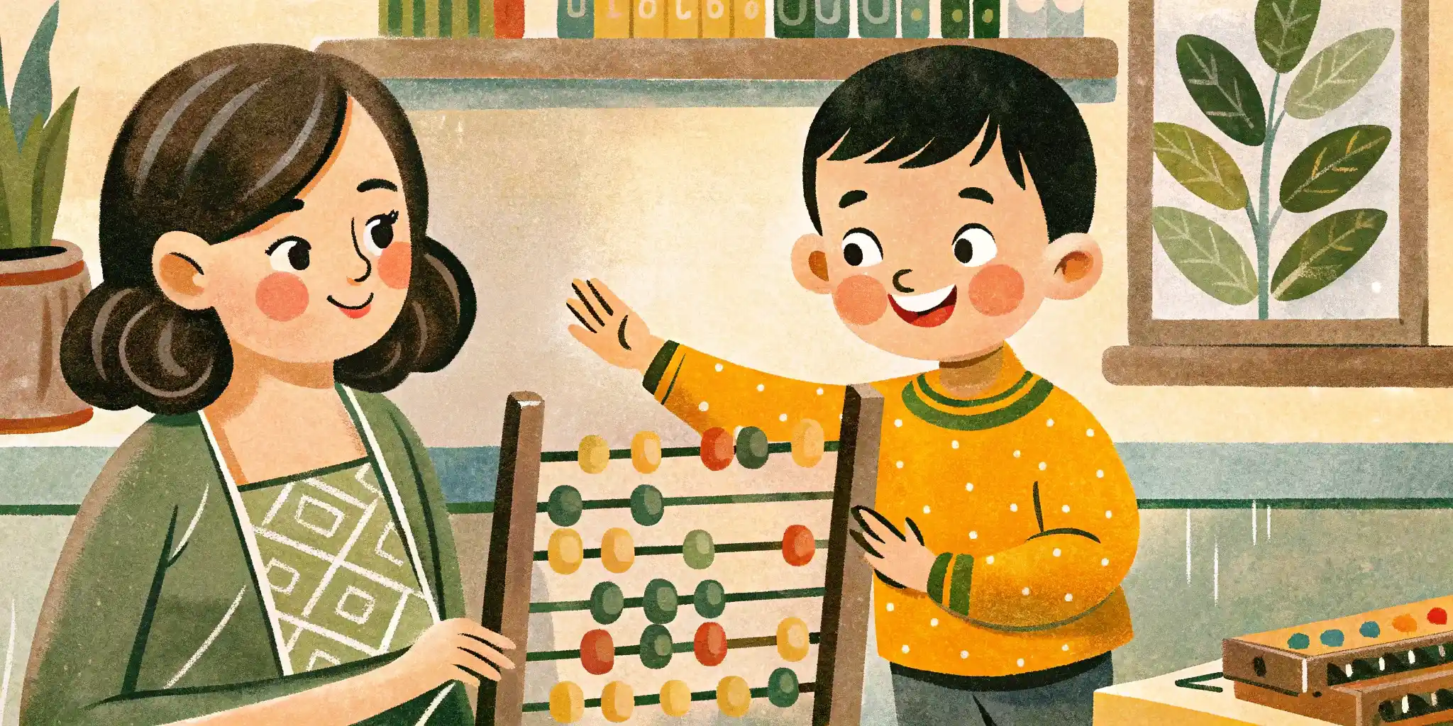 Mom shows son the abacus