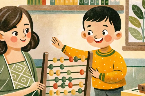 Mom shows son the abacus
