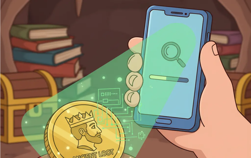 hand holding a phone and taking picture of the coin by it