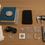 A complete beginner’s toolkit — lighting, gloves, loupe, storage, caliper, scale, reference book, and smartphone — is neatly arranged on a desk to illustrate the essential gear used in everyday coin inspection.