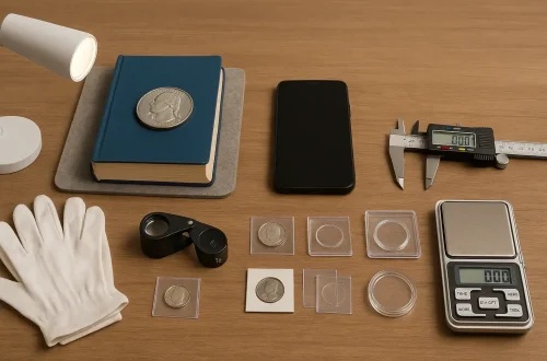 A complete beginner’s toolkit — lighting, gloves, loupe, storage, caliper, scale, reference book, and smartphone — is neatly arranged on a desk to illustrate the essential gear used in everyday coin inspection.