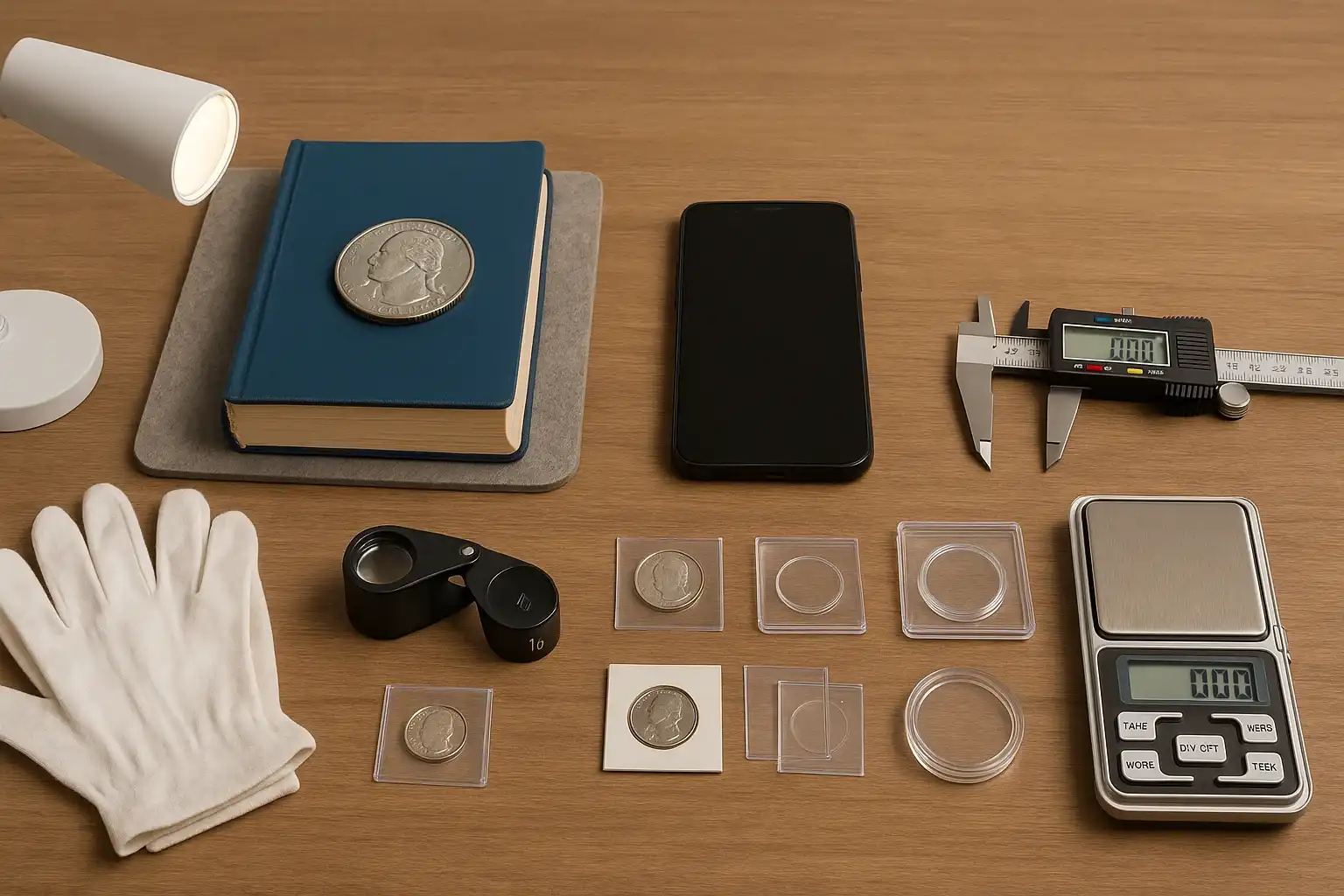 A complete beginner’s toolkit — lighting, gloves, loupe, storage, caliper, scale, reference book, and smartphone — is neatly arranged on a desk to illustrate the essential gear used in everyday coin inspection.