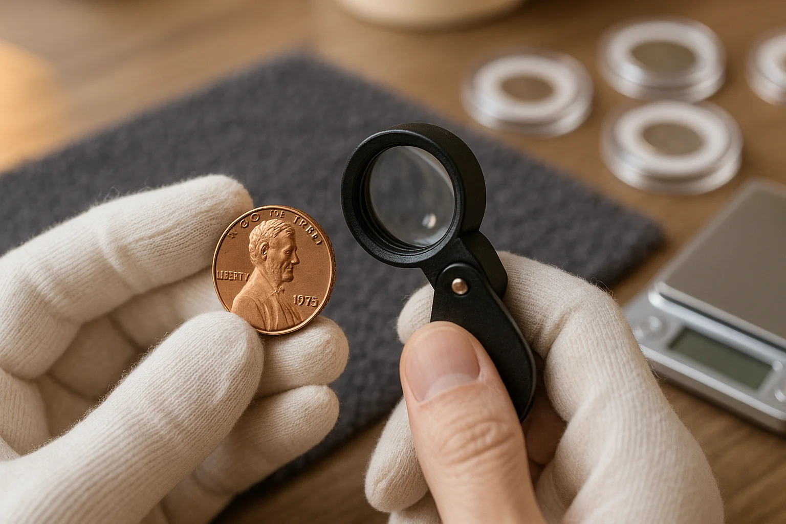 A complete beginner’s toolkit — lighting, gloves, loupe, storage, caliper, scale, reference book, and smartphone — is neatly arranged on a desk to illustrate the essential gear used in everyday coin inspection.