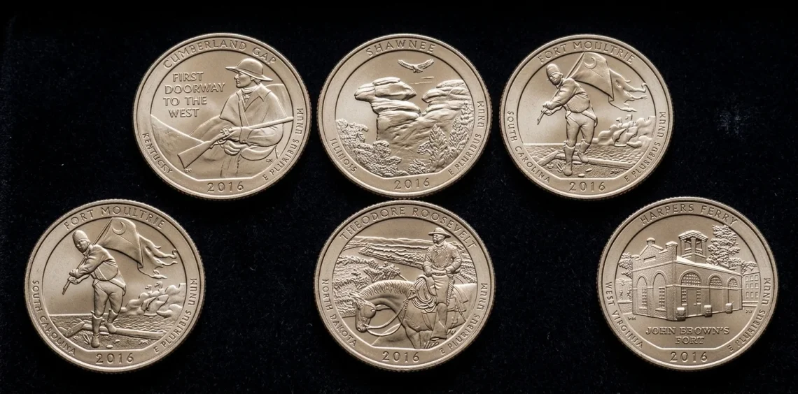 Five America the Beautiful quarter reverse designs issued in 2016.