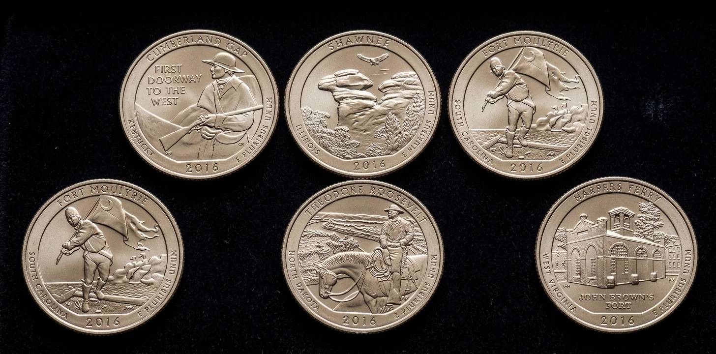 Five America the Beautiful quarter reverse designs issued in 2016.