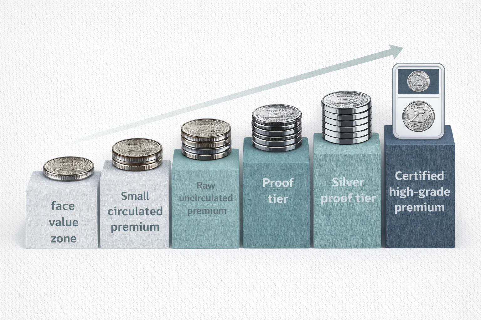 Infographic showing value progression tiers for 2016 quarters from face value to certified premium.